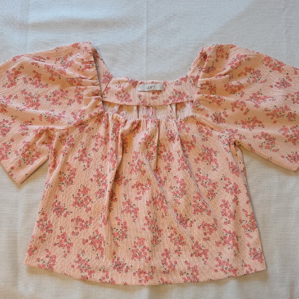 LOFT Womens Pink Floral Square Neck Puff Short Sleeve Blouse Seersucker